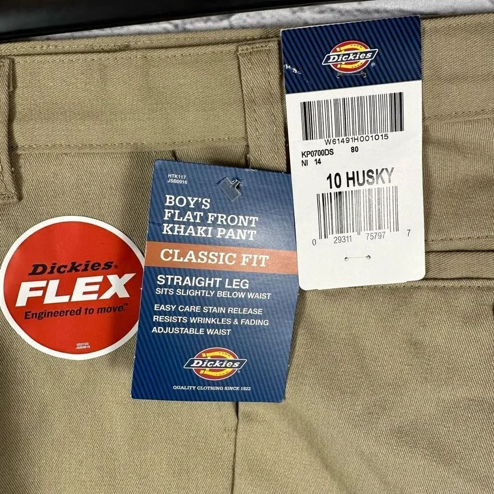 Dickies Boys Classic Fit Pants Straight Leg Flat Front Desert Tan 10 Husky NWT